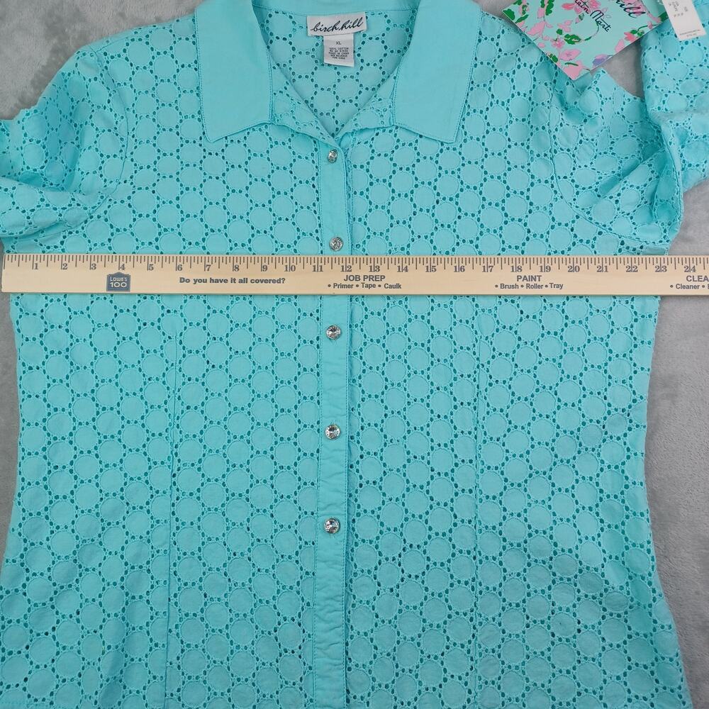 Birch Hill Women Embroidered Eyelet Button Up Top XL Aqua Cotton Resort Beach - Picture 8 of 10